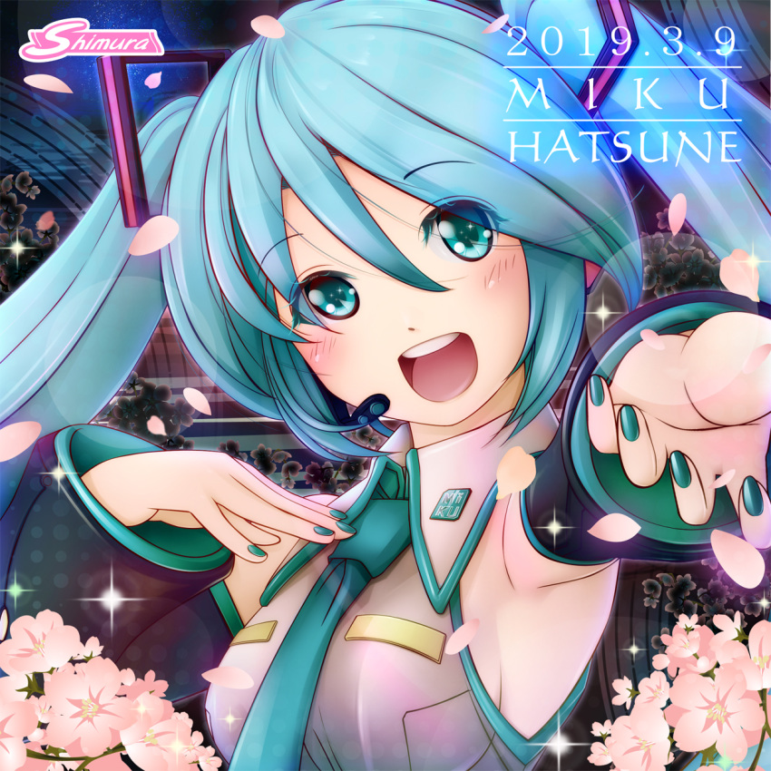 1girl 39 2019 :d black_sleeves blue_eyes blue_hair blue_neckwear blush character_name collared_shirt detached_sleeves flower green_nails grey_shirt hair_between_eyes hatsune_miku highres long_hair long_sleeves looking_at_viewer nail_polish necktie open_mouth shimura_kenshirou shirt sleeveless sleeveless_shirt smile solo sparkle upper_body very_long_hair vocaloid white_flower wing_collar