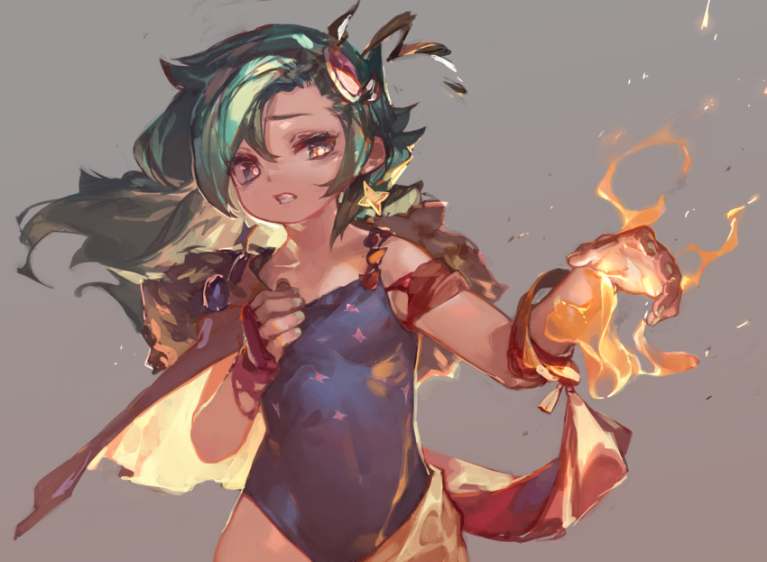 1girl blue_eyes blue_leotard breasts earrings embers final_fantasy final_fantasy_iv fingernails fire green_hair green_nails grey_background hair_ornament hand_on_own_chest jewelry jikan_hakushaku leotard long_hair magic nail_polish rydia small_breasts solo teeth