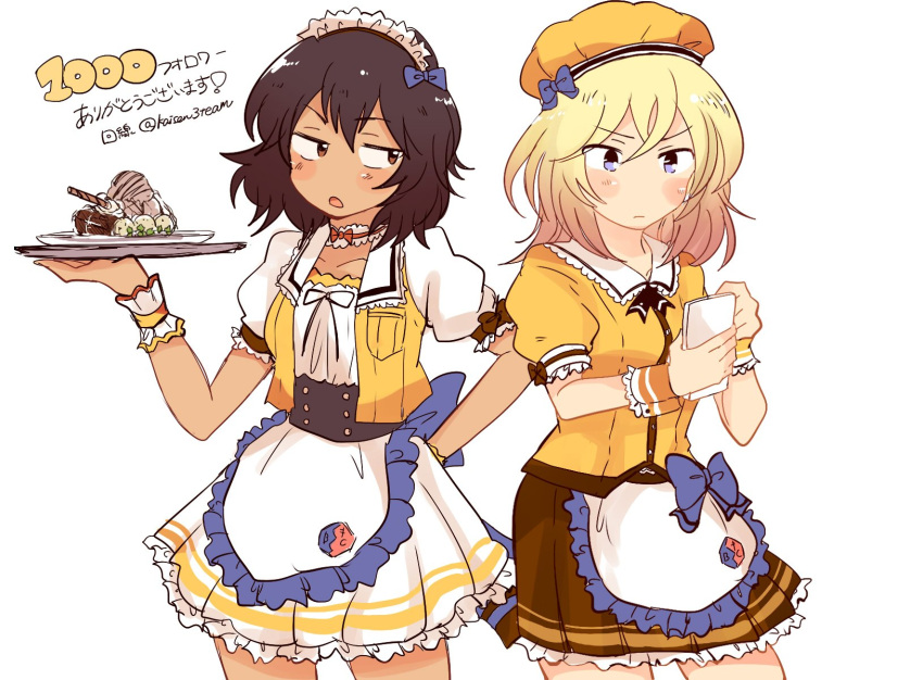 2girls alternate_costume andou_(girls_und_panzer) apron artist_name bangs bc_freedom_(emblem) beret black_hair black_neckwear blonde_hair blue_bow blue_eyes blush_stickers bow brown_eyes brown_skirt choker closed_mouth coco's collared_shirt commentary_request dark_skin dessert double_horizontal_stripe emblem eyebrows_visible_through_hair followers food frilled_apron frilled_choker frilled_skirt frilled_sleeves frilled_wrist_cuffs frills frown girls_und_panzer hand_on_hip hat highres holding holding_tray jacket kaisen_(kaisen3team) large_bow looking_at_another looking_back maid_headdress medium_hair messy_hair multiple_girls neck_ribbon notepad open_mouth oshida_(girls_und_panzer) print_skirt puffy_short_sleeves puffy_sleeves ribbon shirt short_sleeves simple_background skirt sleeveless_jacket standing translated tray twitter_username waist_apron waitress white_apron white_background white_choker white_shirt white_skirt wrist_cuffs yellow_headwear yellow_jacket