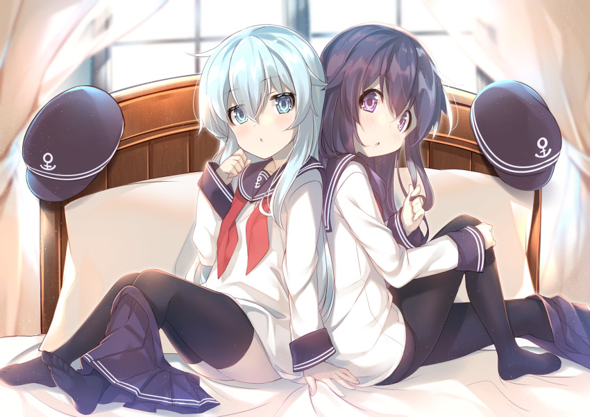 2girls akatsuki_(kantai_collection) back-to-back bed black_hair black_legwear blue_eyes blue_hair blue_skirt commentary_request curtains feet from_side hand_on_own_knee hand_to_own_mouth hat headwear_removed hibiki_(kantai_collection) highres holding holding_hair kantai_collection knee_up legs long_hair looking_at_viewer mayuzaki_yuu multiple_girls no_shoes pantyhose pillow school_uniform see-through serafuku shirt sitting skirt skirt_around_one_leg soles thigh-highs toes violet_eyes white_shirt window