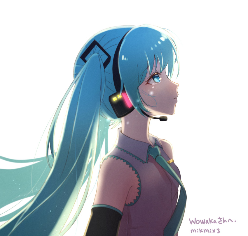 1girl aqua_neckwear black_hairband black_sleeves blue_eyes blue_hair collared_shirt detached_sleeves from_side grey_shirt hairband hatsune_miku headphones headset highres long_hair looking_back looking_up microphone mikmix necktie parted_lips profile shirt simple_background sleeveless sleeveless_shirt solo tears upper_body very_long_hair vocaloid white_background