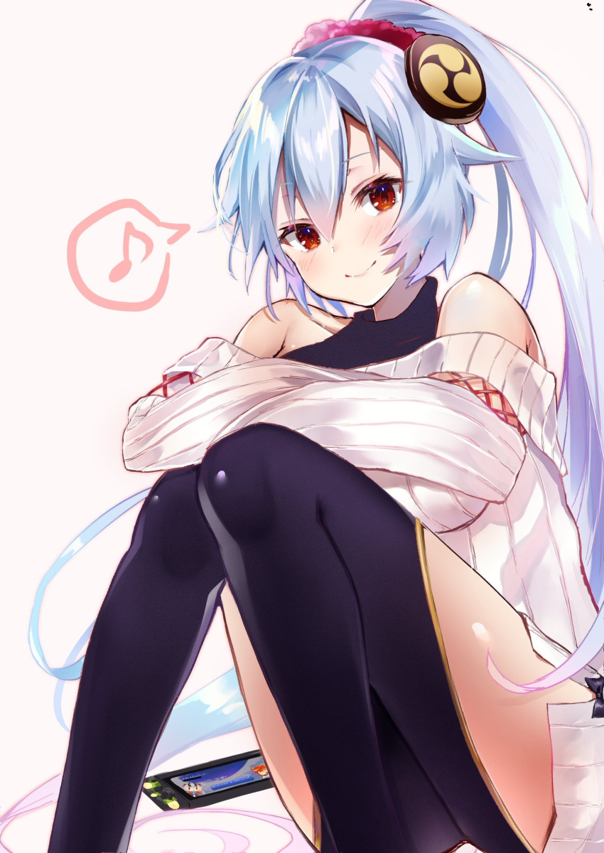 1girl bangs bare_shoulders blue_hair blush cellphone collarbone commentary_request fate/grand_order fate_(series) feet_out_of_frame felnemo gradient_hair hair_between_eyes hair_ornament hair_scrunchie highres knees_together_feet_apart knees_up long_hair long_sleeves looking_at_viewer multicolored_hair musical_note off-shoulder_sweater off_shoulder phone ponytail red_eyes ribbed_sweater scrunchie silver_hair sitting smartphone smile solo spoken_musical_note sweater thighs tomoe_gozen_(fate/grand_order) very_long_hair