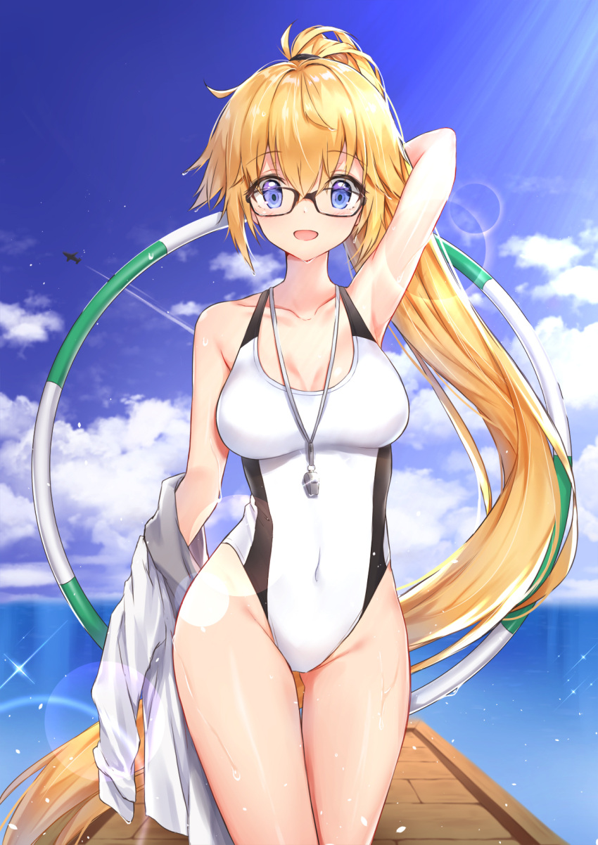1girl :d aircraft airplane arm_up armpits bare_arms bare_shoulders black-framed_eyewear blonde_hair blue_eyes blue_sky breasts cleavage clouds cloudy_sky collarbone commentary_request competition_swimsuit condensation_trail covered_navel cowboy_shot cuna_(qunya) day fate/grand_order fate_(series) glasses glint groin highres hoop horizon jeanne_d'arc_(fate)_(all) jeanne_d'arc_(swimsuit_archer) lens_flare light_rays long_hair long_sleeves looking_at_viewer medium_breasts ocean one-piece_swimsuit open_mouth outdoors pier ponytail shirt shirt_removed sky smile solo standing sunbeam sunlight swimsuit thighs very_long_hair water wet whistle white_shirt white_swimsuit