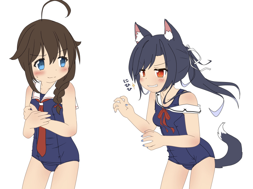 2girls absurdres ahoge animal_ears azur_lane bad_id bad_pixiv_id black_hair blue_eyes blush braid breasts commentary_request crossover dog_ears dog_tail fingernails hair_flaps hair_ornament highres kantai_collection long_hair multiple_girls namesake red_eyes school_swimsuit shigure_(azur_lane) shigure_(kantai_collection) side_braid simple_background stealthwriter sweatdrop swimsuit tail white_background