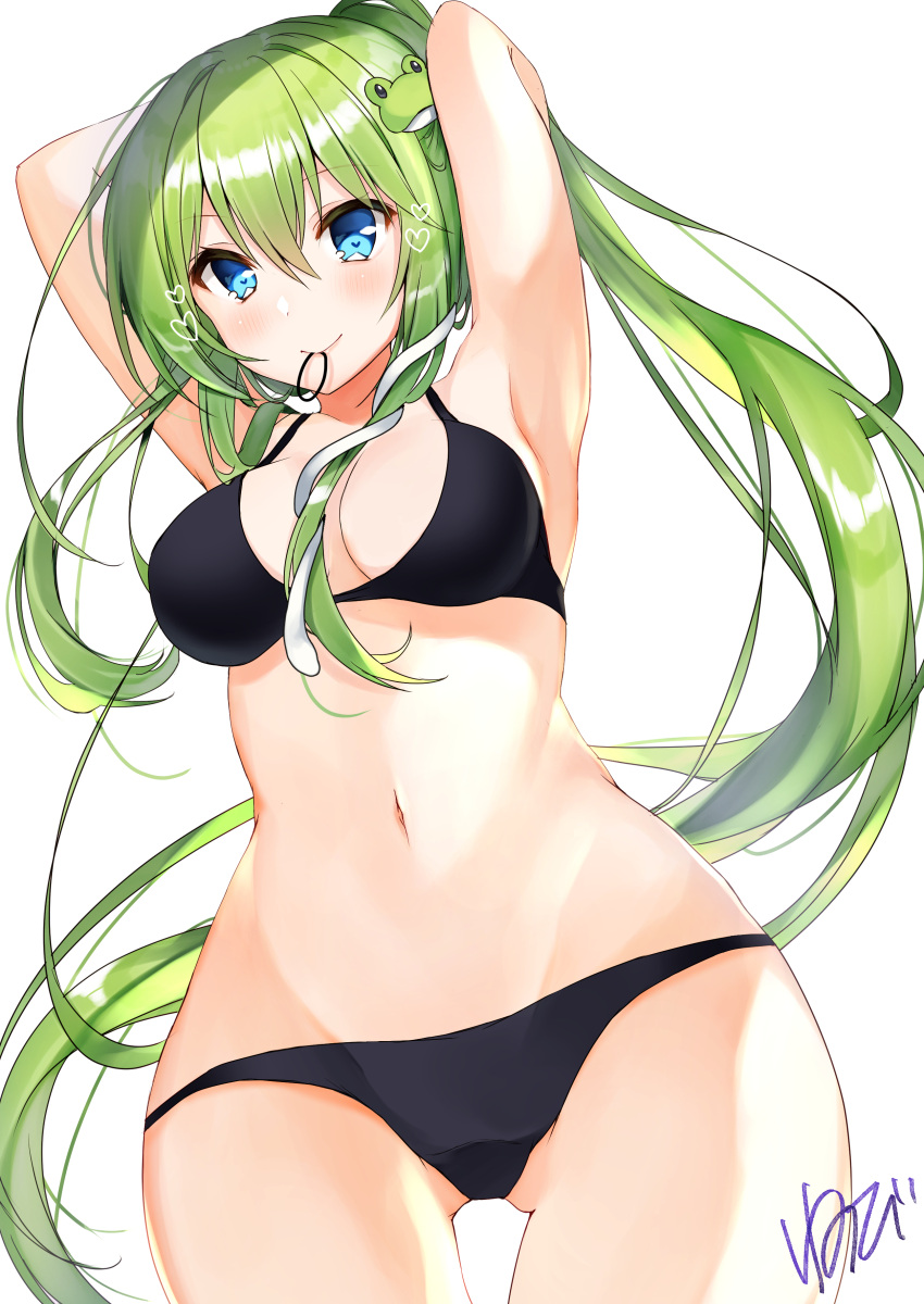 1girl absurdres alternate_hairstyle armpits arms_up artist_name ass_visible_through_thighs bad_id bad_pixiv_id bangs bare_arms bare_shoulders bikini black_bikini blue_eyes blush breasts commentary_request eyebrows_visible_through_hair frog_hair_ornament green_hair groin hair_between_eyes hair_ornament hair_tie hair_tie_in_mouth heart highres kochiya_sanae long_hair long_ponytail looking_at_viewer medium_breasts mouth_hold navel nenobi_(nenorium) ponytail sidelocks signature simple_background smile snake_hair_ornament solo stomach swimsuit thighs touhou translated tying_hair very_long_hair white_background