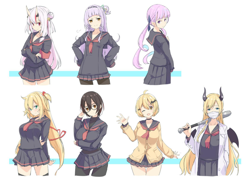 6+girls ahoge akai_haato arm_behind_back arms_behind_back bangs bat black_serafuku black_skirt blonde_hair blush braid breasts breath brown_hair cardigan closed_mouth coat collarbone commentary cowboy_shot crossed_arms demon_horns glasses green_eyes hair_between_eyes hair_bun hair_ribbon hairband hand_up highres hololive horns kichihachi labcoat large_breasts leggings lineup long_hair long_sleeves looking_at_viewer minato_aqua miniskirt multicolored_hair multiple_girls murasaki_shion nakiri_ayame neckerchief one_eye_closed oni_horns open_cardigan open_clothes open_coat open_mouth pantyhose pink_hair pleated_skirt purple_hair red_eyes red_neckwear redhead ribbon roboco-san roboco_ch. school_uniform serafuku skirt sleeves_past_fingers sleeves_past_wrists small_breasts smile streaked_hair surgical_mask sweatdrop thigh-highs thighs twintails virtual_youtuber waving yellow_cardigan yozora_mel yuzuki_choco zettai_ryouiki