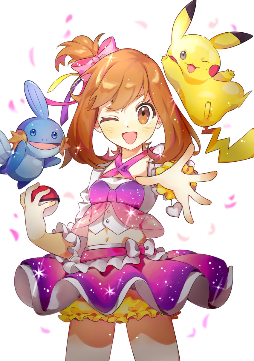 1girl :d absurdres alternate_costume alternate_hairstyle blush bow brown_eyes brown_hair commentary_request detached_sleeves dot_nose dress frills gen_1_pokemon gen_3_pokemon hair_between_eyes hair_bow haruka_(pokemon) highres holding holding_poke_ball looking_at_viewer mudkip navel o0baijin0o one_eye_closed open_mouth pikachu pink_bow poke_ball poke_ball_(generic) pokemon pokemon_(game) pokemon_oras scrunchie short_hair shorts skirt smile wrist_scrunchie yellow_scrunchie yellow_shorts