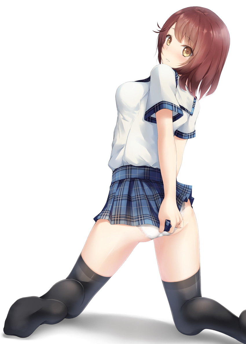 1girl alternate_costume atelier_(series) atelier_sophie bangs black_legwear blue_skirt blush breasts brown_eyes brown_hair checkered checkered_skirt commentary_request eyebrows_visible_through_hair foot_out_of_frame from_behind frown highres kazuaki_yoshida long_sleeves looking_at_viewer panties pantyshot school_uniform shirt short_hair simple_background skirt solo sophie_neuenmuller thigh-highs underwear uniform white_background white_panties white_shirt