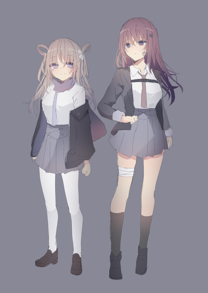 2girls bandaged_leg bandages bangs black_footwear black_jacket blush boots breasts brown_footwear brown_hair brown_legwear brown_neckwear closed_mouth commentary_request eyebrows_visible_through_hair grey_background grey_skirt hair_between_eyes hair_ornament hair_rings hairclip highres jacket kneehighs light_brown_hair loafers long_hair long_sleeves looking_at_viewer looking_away looking_to_the_side multiple_girls necktie off_shoulder open_clothes open_jacket original pantyhose pleated_skirt shirt shoes simple_background sketch skirt small_breasts smile tsuruse two_side_up very_long_hair violet_eyes white_legwear white_shirt