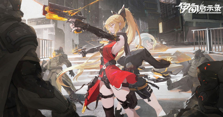 2girls 4others absurdres bangs belt blonde_hair blue_eyes breasts dual_wielding elbow_gloves fingerless_gloves gloves gun hair_ornament hairclip highres holding holding_gun holding_weapon holographic_interface iridescent-usee leotard long_hair medium_breasts multiple_girls multiple_others original ponytail short_hair weapon white_hair