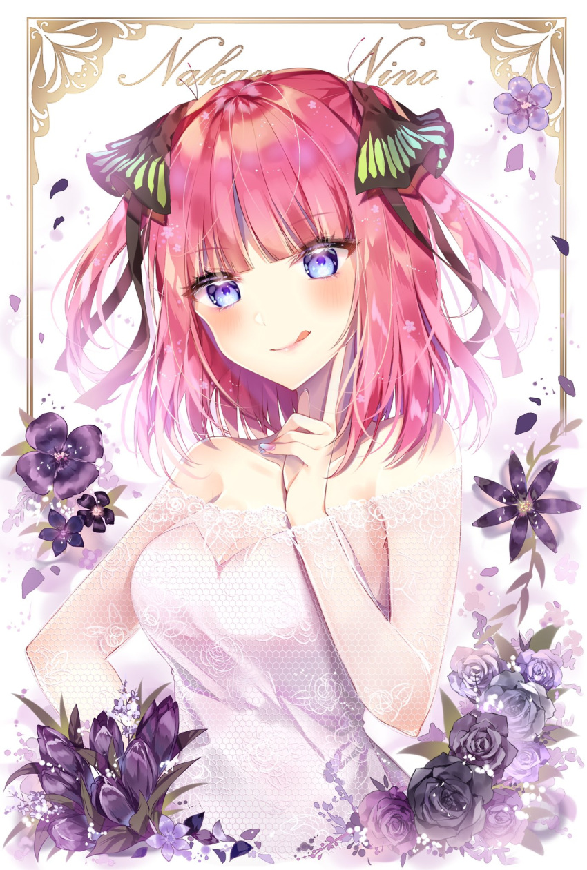 1girl bangs black_ribbon blue_eyes blunt_bangs dress flower go-toubun_no_hanayome hair_ornament hair_ribbon highres looking_at_viewer medium_hair nakano_nino purple_flower purple_rose redhead ribbon rose taya_5323203 tongue tongue_out white_background white_dress