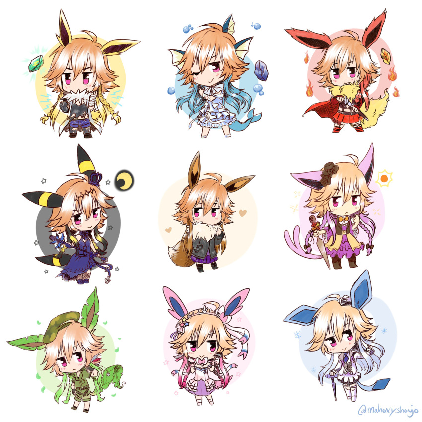 1girl absurdres animal_ears bangs bare_shoulders black_hair blonde_hair blue_dress blue_hair braid brown_hair bubble cape chibi commentary_request crossover dark_illuminate dress eevee english_commentary espeon evolutionary_stone eyebrows_visible_through_hair feathers fins fire flareon fluffy frilled_dress frilled_skirt frilled_sleeves frills fur-trimmed_sleeves fur_trim glaceon green_hair hair_extensions hat heart highres idolmaster idolmaster_cinderella_girls idolmaster_cinderella_girls_starlight_stage jolteon lavender_hair leafeon lightning long_hair mahoxyshoujo microphone multicolored_hair necktie ninomiya_asuka orange_hair pink_eyes pink_hair pokemon purple_dress purple_hair redhead ribbon safari_jacket side_braid silver_hair skirt sleeveless sleeveless_dress snow snowflakes solo star sylveon tail tiara torn_clothes two-tone_hair umbreon vaporeon water weapon white_dress white_hair white_skirt