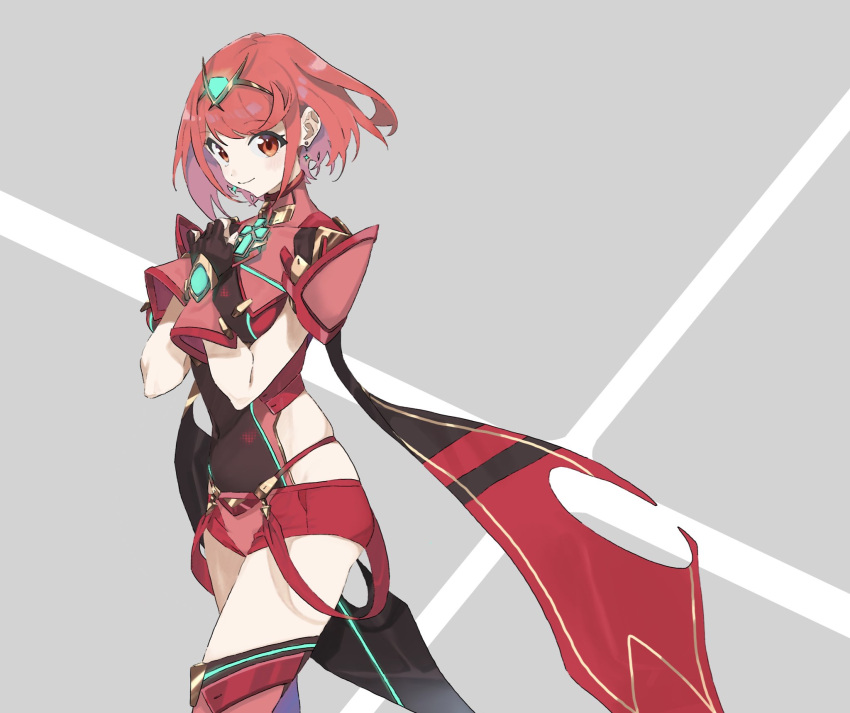 1girl bangs breasts covered_navel earrings fingerless_gloves gem gloves hair_ornament headpiece highres pyra_(xenoblade) jewelry large_breasts looking_at_viewer machi_(wm) pantyhose red_eyes red_shorts redhead short_hair short_shorts shorts shoulder_armor smile solo standing tiara xenoblade_(series) xenoblade_2