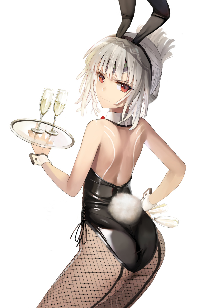 1girl altera_(fate) alternate_hairstyle animal_ears ass bunny_girl bunny_tail cup detached_collar drinking_glass fake_animal_ears fake_tail fate_(series) fishnets hand_on_hip highres looking_at_viewer looking_back red_eyes simple_background solo sunga2usagi tail tray white_background white_hair wine_glass