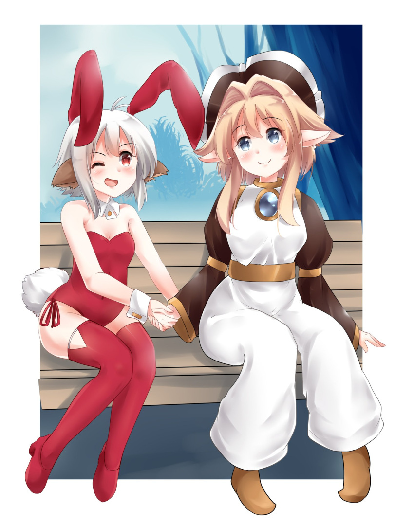 2girls blue_eyes brooch bunny_must_die bunny_the_honeywhite cat_ears chelsea_mamonarge commission grandapple71 hat holding_hands pink_hair pointy_ears rabbit_ears red_eyes smile white_hair yuri