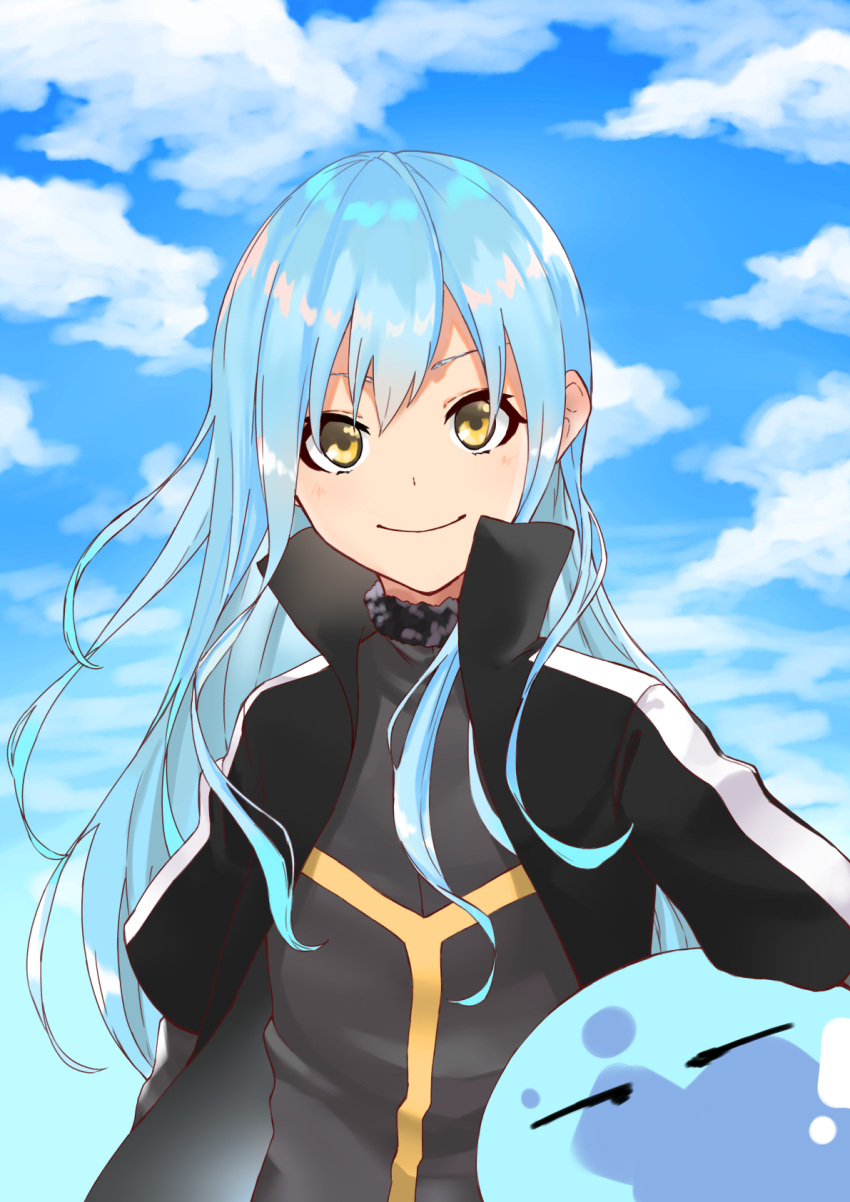 1girl black_jacket blue_hair blue_sky clouds daifuku1116 day floating_hair highres jacket long_hair long_sleeves looking_at_viewer open_clothes open_jacket outdoors rimuru_tempest shiny shiny_hair sky smile solo tensei_shitara_slime_datta_ken upper_body very_long_hair yellow_eyes