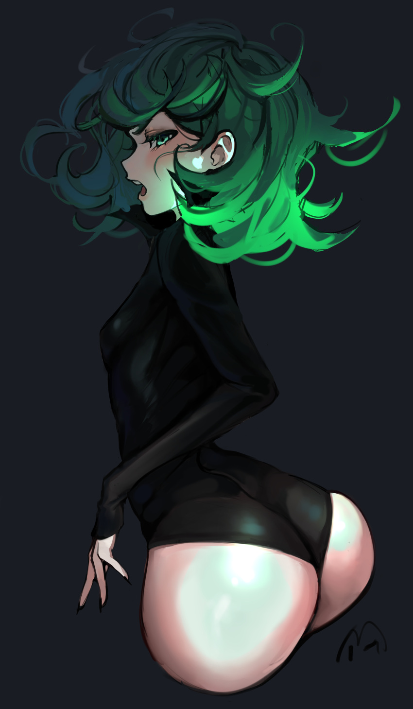 1girl absurdres ass bodysuit breasts commentary curly_hair eyelashes green_eyes green_hair half-closed_eyes highres long_sleeves mia_(azhdvao) one-punch_man open_mouth short_hair small_breasts solo tatsumaki