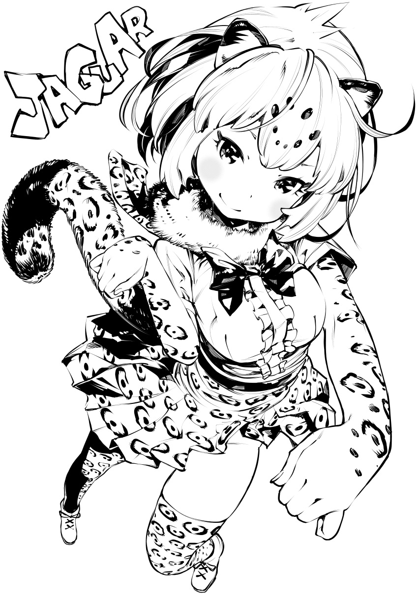 1girl absurdres animal_ears animal_print blush bow bowtie character_name closed_mouth commentary_request foreshortening from_above fukushima_masayasu full_body fur_collar gloves greyscale high-waist_skirt highres jaguar_(kemono_friends) jaguar_ears jaguar_print jaguar_tail kemono_friends looking_at_viewer looking_up medium_hair monochrome outstretched_arm paw_pose pose print_gloves print_legwear print_neckwear print_skirt scarf shirt short_sleeves skirt smile solo standing tail thigh-highs twisted_torso zettai_ryouiki