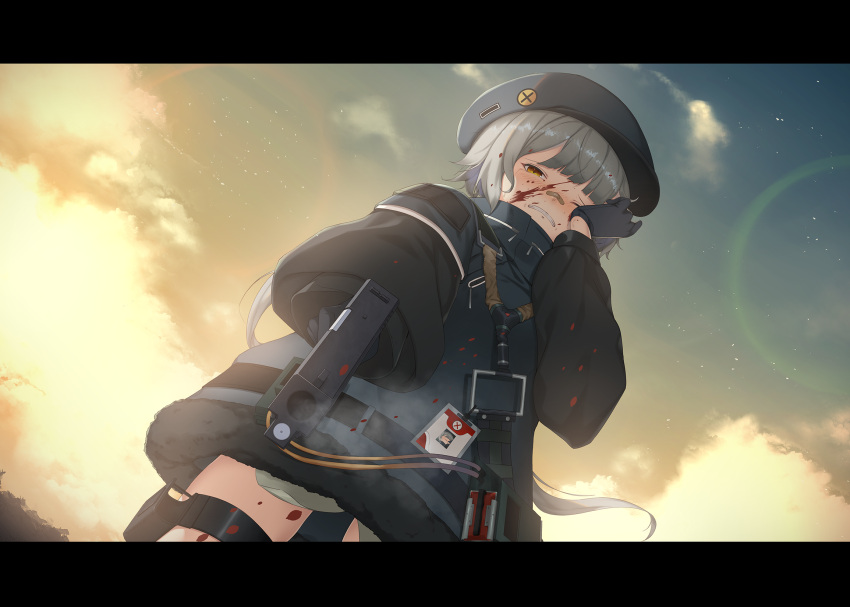 1girl aiming_at_viewer bandaid bandaid_on_face belt beret blood blood_on_face bloody_clothes blush clouds coat commentary dutch_angle girls_frontline gloves grey_hair gun handgun hat highres hs2000_(girls_frontline) id_card letterboxed long_hair pistol ponytail smoke solo takayama_shirane tears weapon yellow_eyes