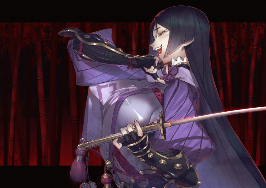 1girl :d bamboo bamboo_forest black_gloves black_hair bodysuit bracer breasts covered_nipples fate/grand_order fate_(series) fingerless_gloves forest gloves halterneck holding katana large_breasts long_hair minamoto_no_raikou_(fate/grand_order) nature open_mouth rokuji smile solo sword teeth tongue vambraces very_long_hair violet_eyes weapon