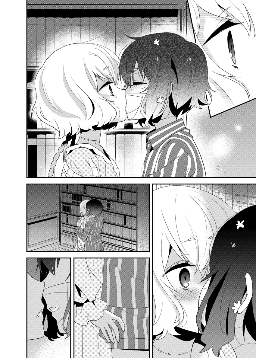 2girls bandages blush bookshelf greyscale highres kiss konno_junko long_hair long_sleeves looking_at_another mizuno_ai monochrome multiple_girls ooshima_tomo pajamas patchwork_skin sample shirt short_hair shorts stitches striped striped_shirt striped_shorts tears translation_request yuri zombie_land_saga