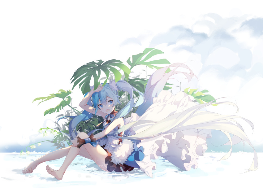 1girl 7th_dragon_(series) 7th_dragon_2020 absurdly_long_hair arm_up barefoot blue_eyes blue_hair cass-kakakuma floating_hair from_side hair_between_eyes hatsune_miku highres long_hair open_mouth sitting skirt solo twintails very_long_hair vocaloid white_background