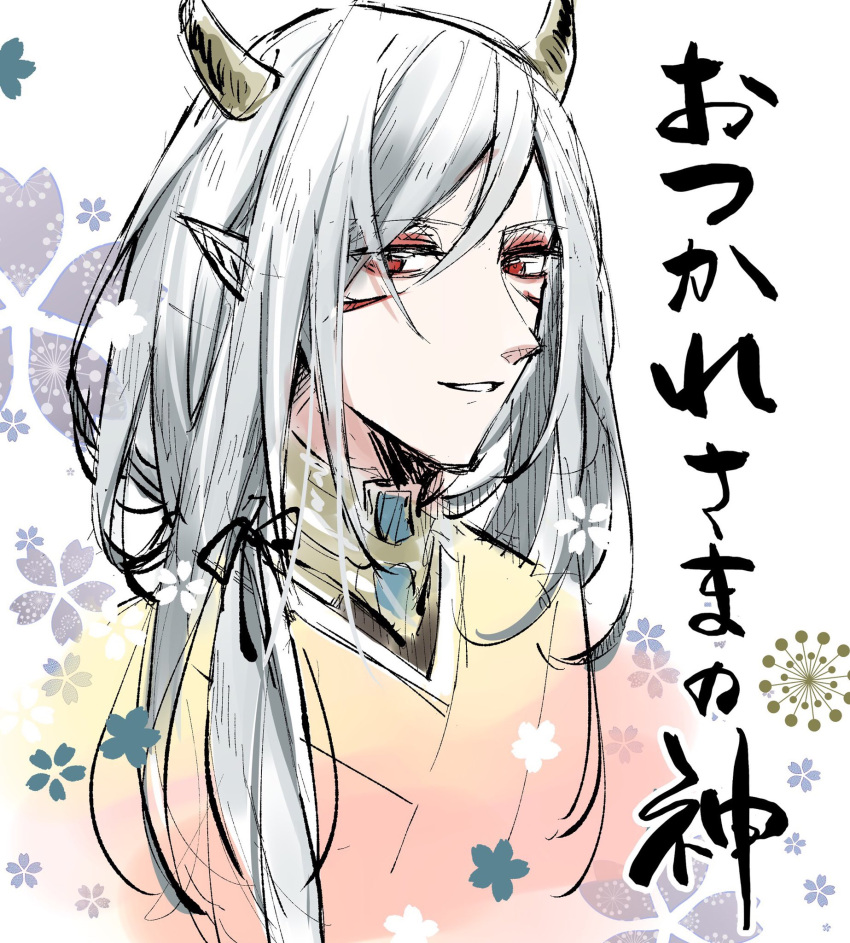 1boy bad_id bad_twitter_id bangs broken_horn commentary facial_mark flower grin highres horns japanese_clothes kimono kurihara_sakura long_hair looking_at_viewer nijisanji oni_horns orange_kimono pointy_ears red_eyes silver_hair sketch smile translated umiyasha_no_kami upper_body virtual_youtuber