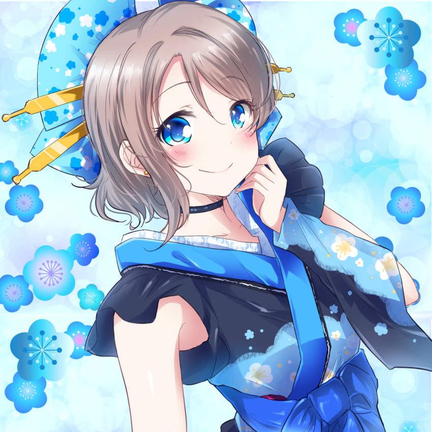 1girl black_choker blue_background blue_eyes blush choker commentary_request detached_sleeves earrings floral_background floral_print grey_hair hair_ornament hand_on_own_cheek highres japanese_clothes jewelry kimono love_live! love_live!_sunshine!! my_mai_tonight obi saitou_shuka sash seiyuu_connection short_hair single_detached_sleeve smile solo upper_body watanabe_you zero-theme
