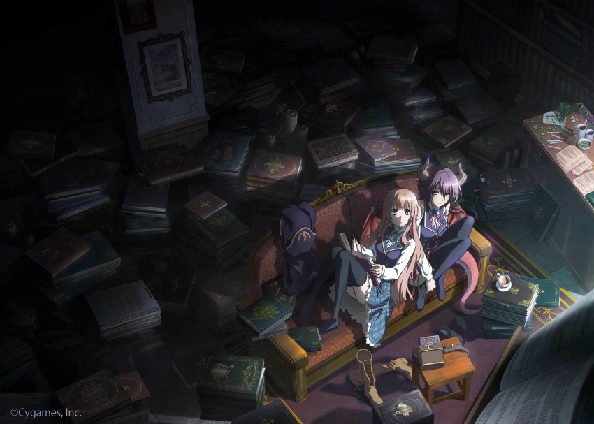 2girls absurdres anne_(shingeki_no_bahamut) artist_request blonde_hair blue_eyes book_stack bookshelf boots_removed couch cup cygames desk dragon_girl dragon_horns dragon_tail dragon_wings frilled_skirt frills grea_(shingeki_no_bahamut) highres horns long_hair looking_up manaria_friends multiple_girls official_art on_couch picture_frame plaid plaid_skirt purple_hair saucer school_uniform shingeki_no_bahamut shirt shoes_removed short_hair sitting skirt smile tail teacup thigh-highs vest violet_eyes white_shirt wings