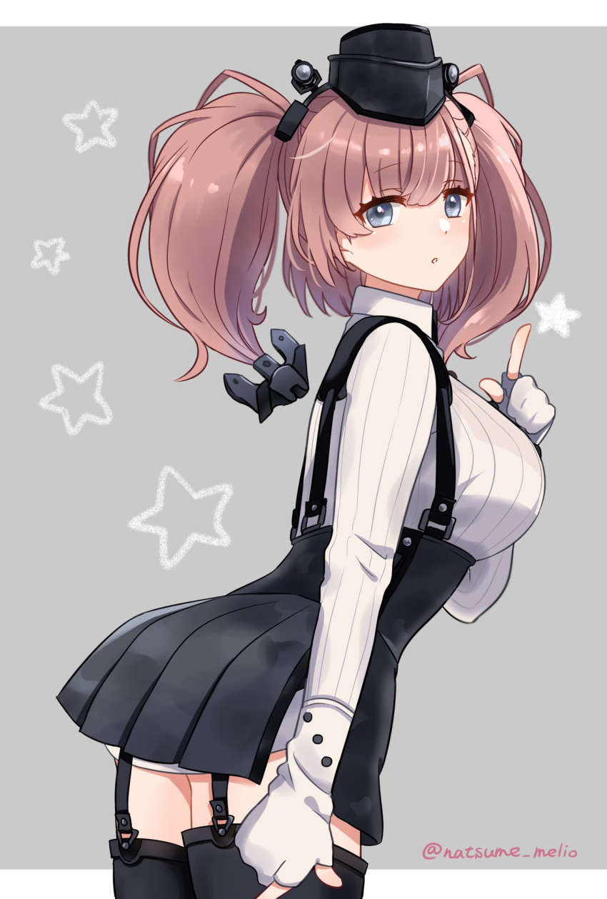 1girl atlanta_(kancolle) black_headwear black_skirt blush breasts brown_hair cowboy_shot eyebrows_visible_through_hair garrison_cap garter_straps gloves grey_eyes hat high-waist_skirt highres kantai_collection large_breasts long_hair long_sleeves natsume_(natsume_melio) parted_lips partially_fingerless_gloves pleated_skirt shirt skirt solo star_(symbol) suspender_skirt suspenders twitter_username two_side_up white_gloves white_shirt