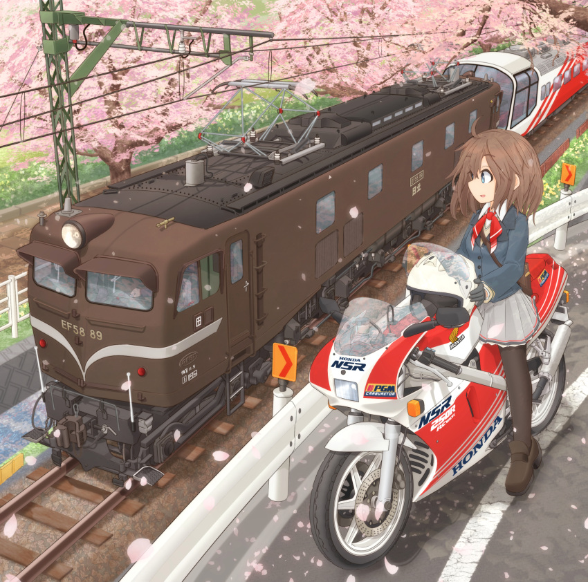 1girl ahoge black_footwear black_gloves black_legwear blazer blue_eyes blue_jacket brown_hair cherry_blossoms commentary_request day double_horizontal_stripe dress_shirt eyebrows_visible_through_hair gloves grass grey_skirt ground_vehicle guard_rail headwear_removed helmet helmet_removed highres honda honda_250r ichigotofu jacket lace lace-trimmed_skirt loafers locomotive miniskirt motor_vehicle motorcycle motorcycle_helmet neck_ribbon original outdoors pantyhose parted_lips pleated_skirt power_lines print_skirt railroad_tracks red_neckwear ribbon riding road school_uniform shirt shoes skirt smile solo standing tree white_headwear white_shirt wing_collar