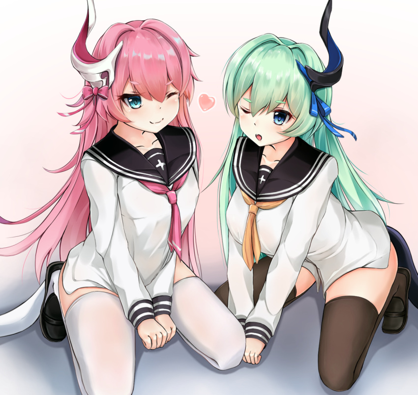 2girls ;) bangs black_footwear black_sailor_collar blue_bow blue_eyes blush bow brown_legwear brown_neckwear closed_mouth collarbone commentary_request dress_shirt eyebrows_visible_through_hair green_eyes green_hair hair_between_eyes hair_bow hair_intakes heart highres honkai_(series) honkai_impact_3rd horn kneeling liliya_olyenyey loafers long_hair long_sleeves looking_at_viewer mctom multiple_girls one_eye_closed parted_lips pink_background pink_bow pink_hair pink_neckwear rozaliya_olyenyey sailor_collar shirt shoes sleeves_past_wrists smile tail thigh-highs very_long_hair white_legwear white_shirt