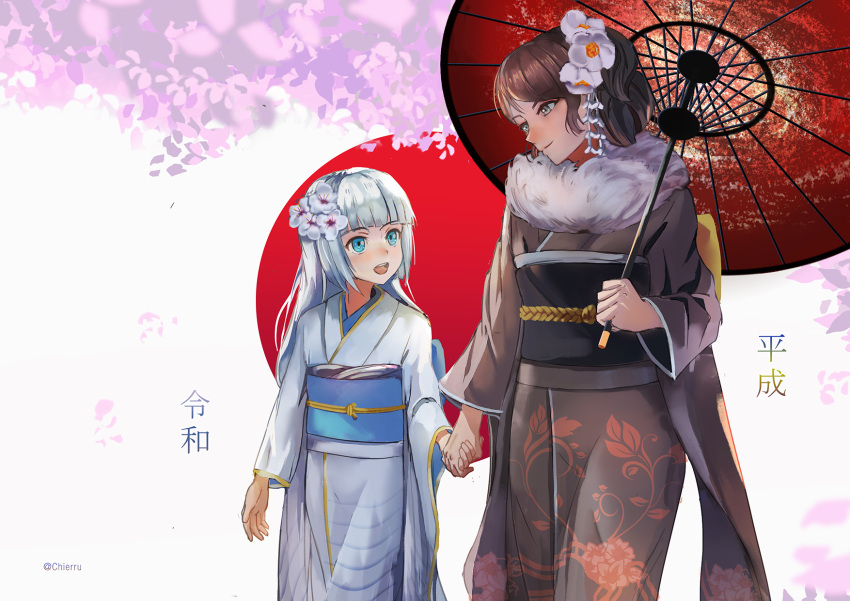 2girls :d bangs blue_eyes blunt_bangs brown_hair cherre_(jerre-david13579) commentary_request cowboy_shot floral_print flower fur_collar furisode grey_eyes hair_flower hair_ornament hair_up heisei highres holding holding_hands holding_umbrella japanese_clothes kimono light_smile multiple_girls obi open_mouth oriental_umbrella original personification petals reiwa rising_sun sash silver_hair smile standing sunburst translated umbrella upper_teeth white_background wisteria