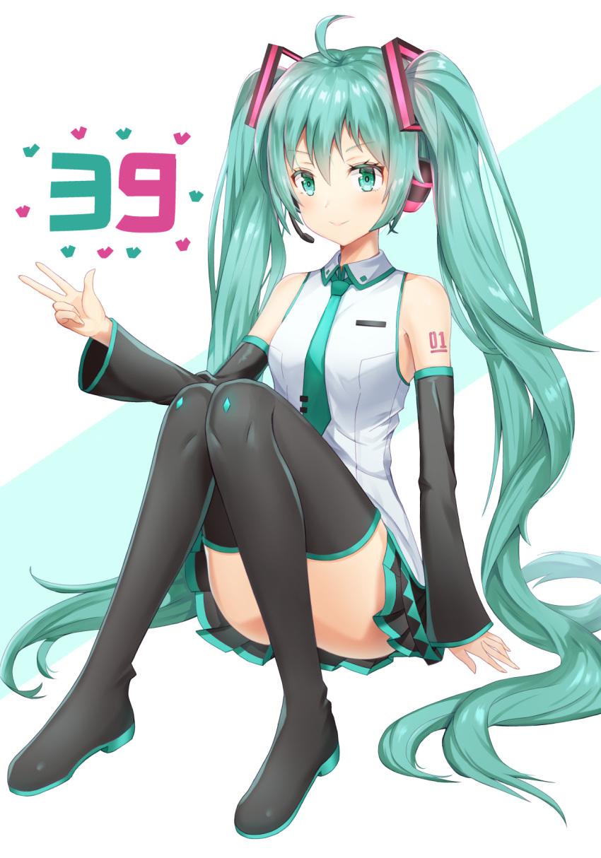 1girl 39 ahoge aqua_hair arm_support black_footwear black_sleeves boots chisi collared_shirt detached_sleeves full_body green_eyes green_neckwear hatsune_miku headphones headset highres long_hair long_sleeves microphone necktie shiny shiny_hair shirt simple_background sitting sleeveless sleeveless_shirt smile solo thigh-highs thigh_boots twintails very_long_hair vocaloid w white_background white_shirt wing_collar zettai_ryouiki