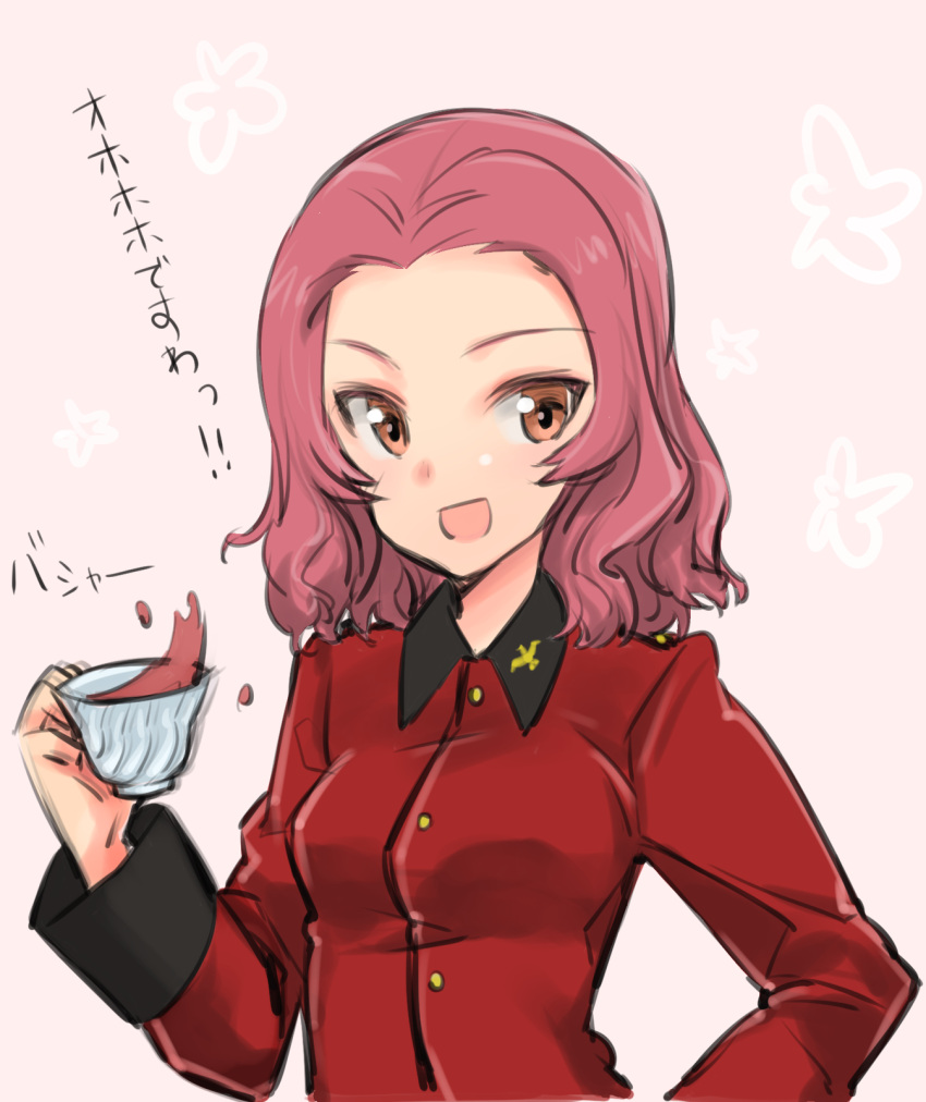 1girl :d aohashi_ame brown_eyes commentary cup epaulettes girls_und_panzer highres holding holding_cup insignia jacket long_sleeves looking_at_viewer medium_hair military military_uniform open_mouth pink_background red_jacket redhead rosehip smile solo spilling st._gloriana's_military_uniform tea teacup translated uniform upper_body