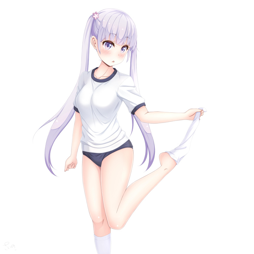 1girl absurdres bangs blue_buruma buruma collarbone eyebrows_visible_through_hair floating_hair flower gym_uniform hair_flower hair_ornament head_tilt highres kneehighs kneehighs_pull leg_up long_hair new_game! sainohikari shirt short_sleeves silver_hair simple_background solo standing standing_on_one_leg suzukaze_aoba very_long_hair violet_eyes white_background white_legwear white_shirt