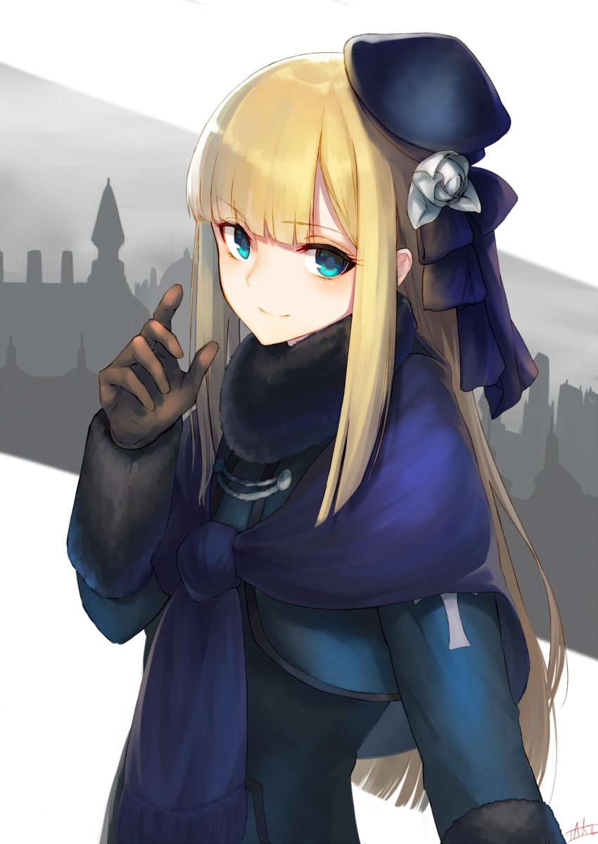 1girl bangs beret blonde_hair blue_eyes blunt_bangs brown_gloves cityscape closed_mouth commentary eyebrows_visible_through_hair fate/grand_order fate_(series) flower fur_trim gloves hand_up hat hat_flower highres jazztaki long_hair long_sleeves lord_el-melloi_ii_case_files reines_el-melloi_archisorte rose scarf smile solo tilted_headwear white_flower white_rose