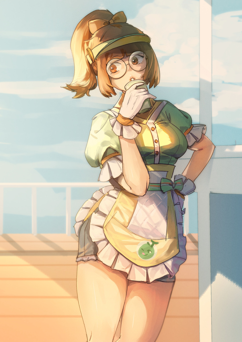 1girl absurdres against_railing alternate_costume alternate_hairstyle apron blue_sky bow breasts brown_eyes brown_hair clouds cloudy_sky cowboy_shot cup day deck drinking_straw glasses gloves hair_bow high_ponytail highres honeydew_mei looking_at_viewer medium_breasts medium_hair mei_(overwatch) overwatch puffy_sleeves railing round_eyewear shenji_laurant shiny shiny_skin short_sleeves shorts sideways_glance sipping sky solo thick_thighs thighs visor_cap white_gloves yellow_bow
