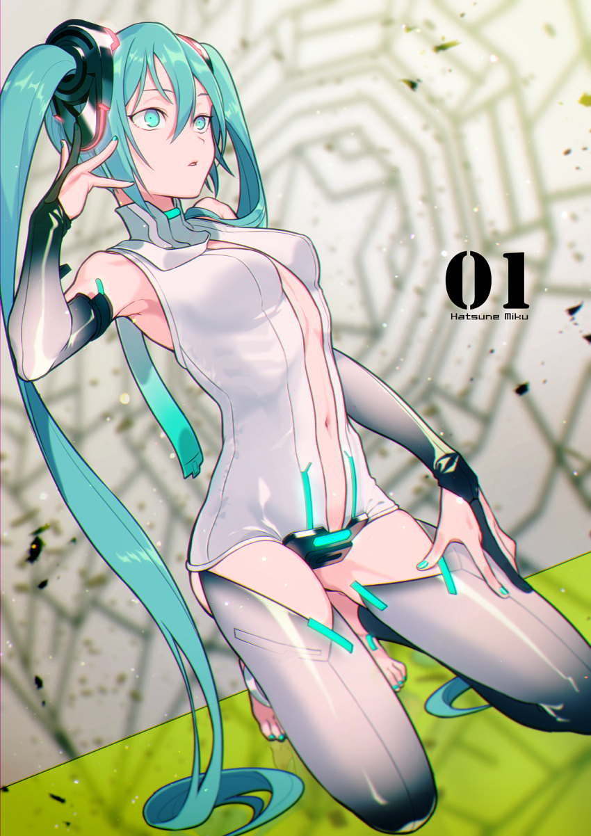 1girl barefoot blue_eyes blue_hair blue_nails blurry blurry_background breasts detached_sleeves ganov grey_legwear grey_sleeves hair_between_eyes hatsune_miku highres kneeling long_hair long_sleeves midriff nail_polish navel parted_lips shiny shiny_hair small_breasts solo stomach thighs very_long_hair vocaloid vocaloid_append