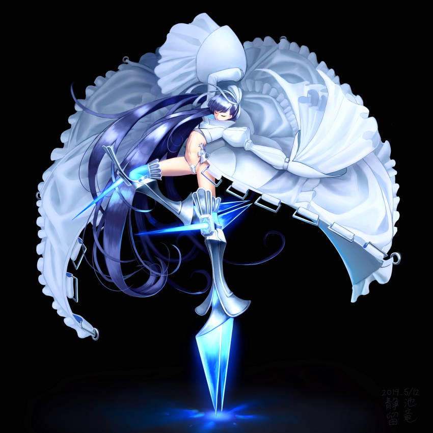 1girl absurdres armored_boots bangs black_background boots closed_eyes closed_mouth commentary crotch_plate dancing dress fate/grand_order fate_(series) frilled_dress frills hair_ribbon highres ikeron light_smile long_hair meltryllis navel puffy_sleeves purple_hair revealing_clothes ribbon simple_background sleeves_past_fingers sleeves_past_wrists solo spikes standing standing_on_one_leg very_long_hair very_long_sleeves