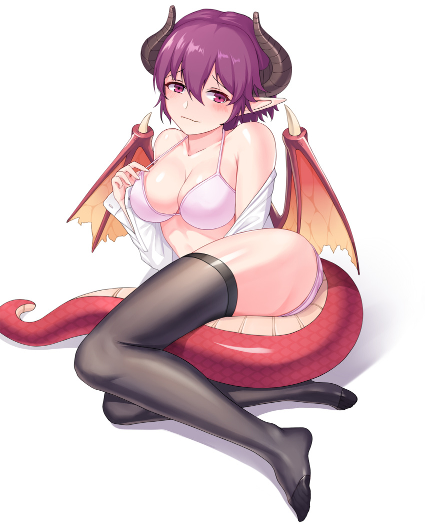 1girl between_legs black_legwear blush bra breasts cleavage collarbone dragon_horns dragon_tail dragon_wings granblue_fantasy grea_(shingeki_no_bahamut) highres horns large_breasts lying manaria_friends on_side open_clothes open_shirt panties pink_bra pink_panties pointy_ears purple_hair shingeki_no_bahamut shirt short_hair simple_background solo tail tail_between_legs thigh-highs underwear violet_eyes wavy_mouth white_background white_shirt wings yokuu