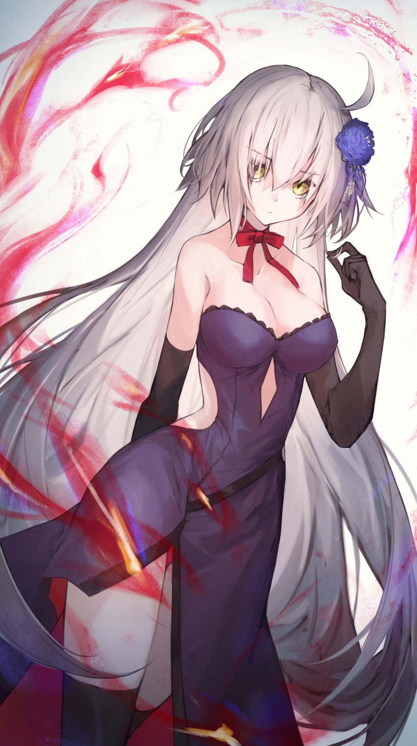 1girl absurdres ahoge bangs bare_shoulders black_dress black_gloves black_legwear blue_flower breasts cleavage collarbone commentary_request cutout dress elbow_gloves eyebrows_visible_through_hair fate/grand_order fate_(series) flower gloves hair_between_eyes hair_flower hair_ornament highres huge_filesize jeanne_d'arc_(alter)_(fate) jeanne_d'arc_(fate)_(all) koki_1009 large_breasts long_hair looking_at_viewer red_neckwear red_ribbon ribbon solo thigh-highs white_hair yellow_eyes