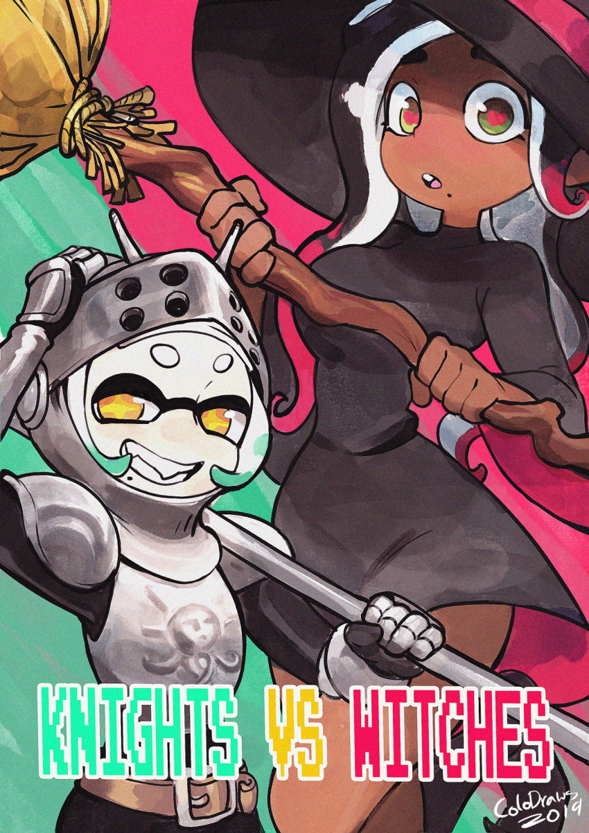 +_+ 2girls armor belt black_dress black_footwear breasts broom cephalopod_eyes colo_(nagrolaz) dated domino_mask dress english_text green_eyes hat helmet highres hime_(splatoon) holding holding_broom iida_(splatoon) leg_up looking_at_viewer mask medium_breasts mole mole_under_mouth multiple_girls octarian open_mouth pauldrons pink_pupils shoes signature smile splatoon_(series) splatoon_2 tentacle_hair witch_hat yellow_eyes