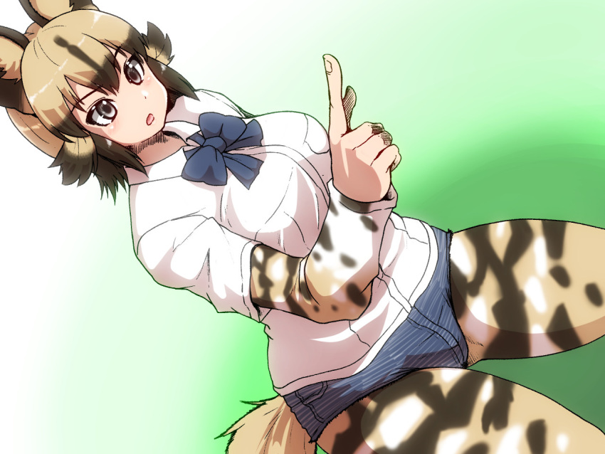 african_wild_dog_(kemono_friends) african_wild_dog_print animal_ears bow bowtie breast_pocket breasts commentary_request denim denim_shorts dog_ears dog_tail isuna kemono_friends large_breasts long_sleeves pocket short_over_long_sleeves short_sleeves shorts tail