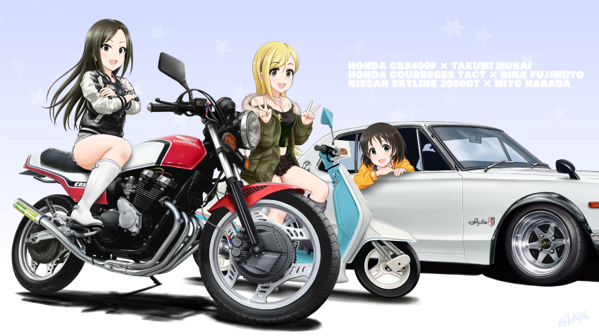 3girls absurdres boots car flick_(sal23) fujimoto_rina ground_vehicle harada_miyo highres idolmaster idolmaster_cinderella_girls motor_vehicle motorcycle mukai_takumi multiple_girls