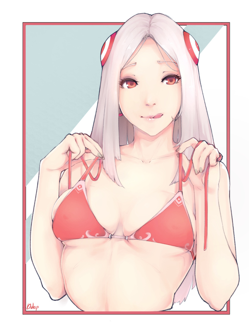 1girl :q artist_name bikini bikini_lift border breasts collarbone dulapda face headgear highres irelia league_of_legends lips long_hair medium_breasts nightblade_irelia red_bikini_top red_border red_eyes solo swimsuit tongue tongue_out untied untied_bikini upper_body white_hair