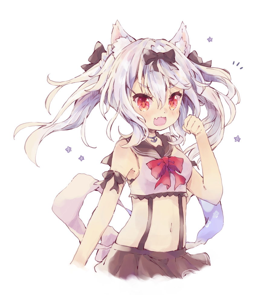 :3 :d anchor_choker animal_ear_fluff animal_ears arm_ribbon azur_lane back_bow bangs black_bow black_ribbon black_sailor_collar black_skirt bow bowtie cat_ears clenched_hand commentary cowboy_shot crop_top fang groin hair_bow hand_up highres long_hair multiple_hair_bows narumi_midori navel notice_lines open_mouth pleated_skirt red_bow red_eyes ribbon sailor_collar school_uniform serafuku shirt skin_fang skirt smile star suspenders two_side_up white_hair white_shirt yukikaze_(azur_lane)