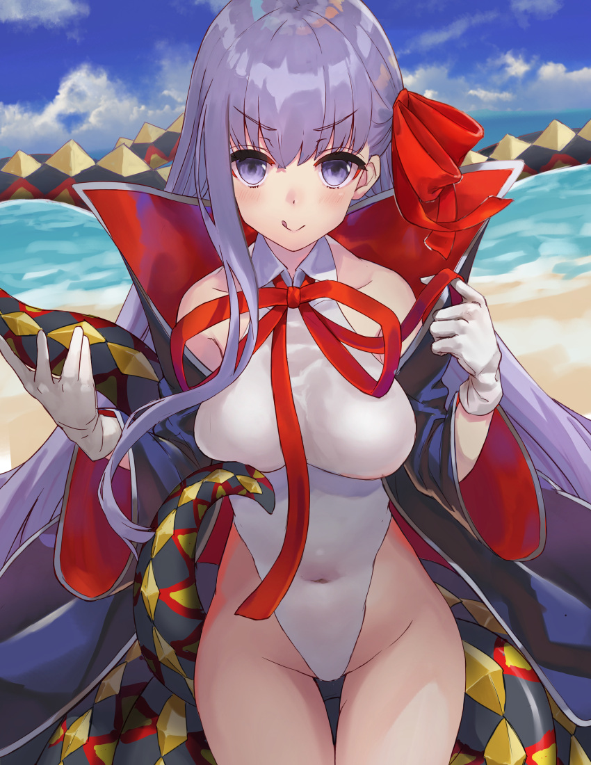 1girl :q absurdres bb_(fate)_(all) bb_(swimsuit_mooncancer)_(fate) beach black_coat bow clouds covered_navel cowboy_shot fate/grand_order fate_(series) furrowed_eyebrows gatling033 gloves hair_bow highres leotard long_hair looking_at_viewer popped_collar purple_hair red_bow sky smile solo standing tentacle thigh_gap tongue tongue_out violet_eyes water white_gloves white_leotard