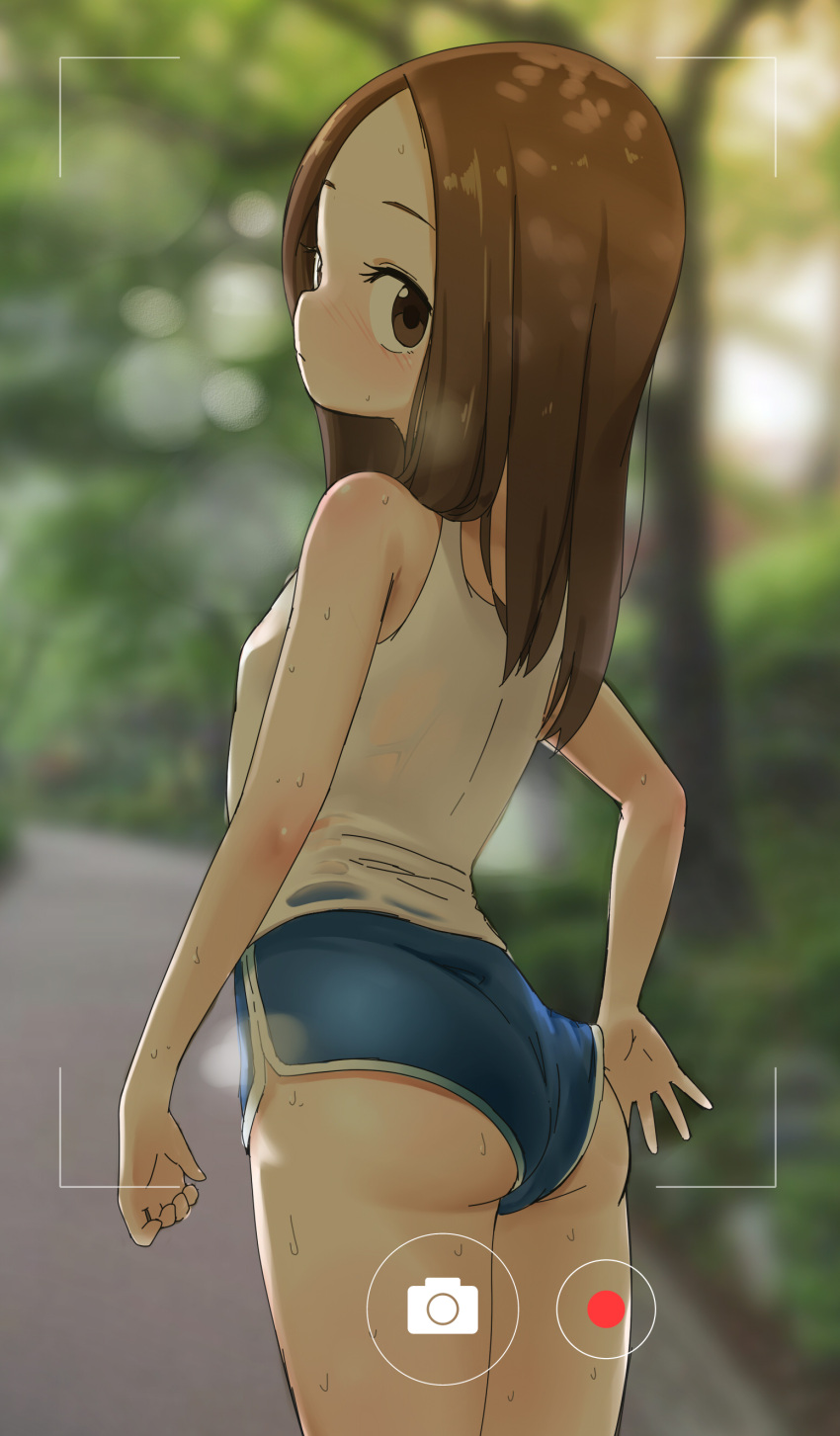 1girl absurdres adjusting_clothes adjusting_shorts ass bangs bare_arms bare_shoulders blue_shorts blurry blurry_background blush breasts brown_eyes brown_hair closed_mouth commentary_request depth_of_field forehead highres karakai_jouzu_no_takagi-san korean_commentary long_hair looking_at_viewer looking_back note2000 parted_bangs short_shorts shorts small_breasts solo sweat takagi-san tank_top viewfinder white_tank_top