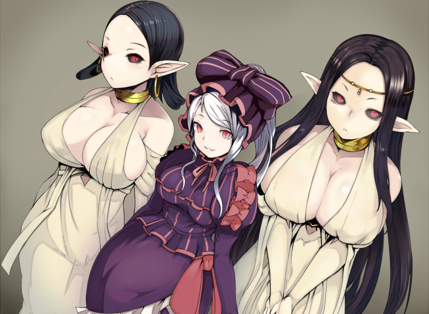 3girls :&lt; :3 bangs bare_shoulders black_hair black_sclera bonnet bow breasts brown_hair circlet closed_mouth earrings eyebrows_visible_through_hair ginji74 gothic_lolita grey_background hoop_earrings jewelry juliet_sleeves large_breasts lolita_fashion long_hair long_sleeves looking_at_viewer medium_breasts multiple_girls neck_ring overlord_(maruyama) parted_bangs pink_eyes pink_ribbon pointy_ears ponytail puffy_sleeves red_eyes ribbon shalltear_bloodfallen sidelocks slit_pupils smile straight_hair striped striped_bow v_arms vampire vampire_bride_(overlord) very_long_hair white_hair